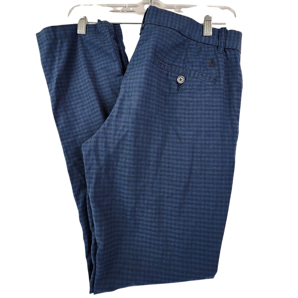 Original Penguin 30x32 Blue Micro Check Chino Pants Slim Fit Preppy Business Mod